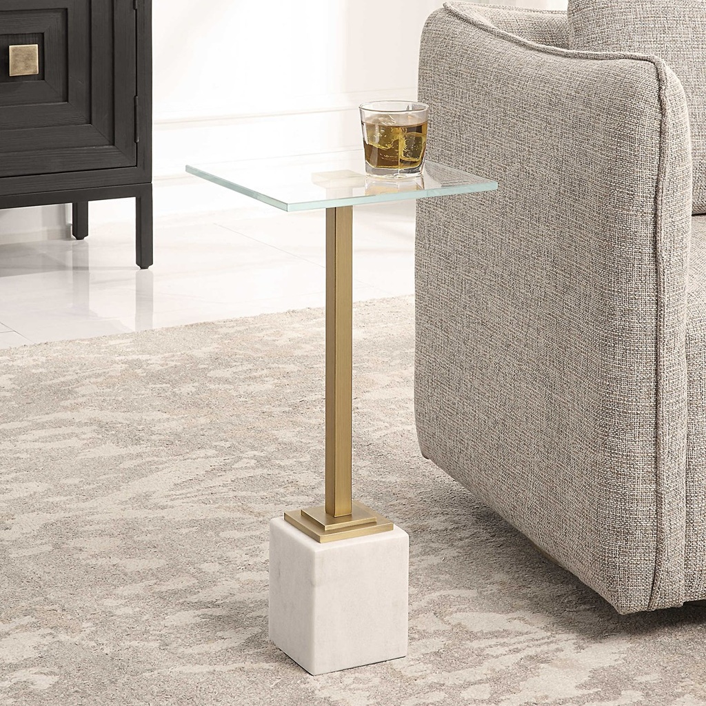 MESA ESQUINERA DE METAL DORADA BASE BLANCA Y TOP DE VIDRIO
