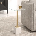 MESA ESQUINERA DE METAL DORADA BASE BLANCA Y TOP DE VIDRIO