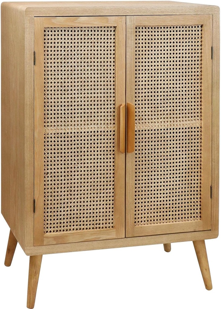 Gabinete Media De Madera Clara Con Tejido De Rattan En Las Puertas