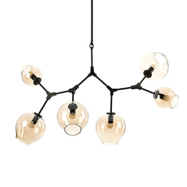 Lamp. Colg. 6L E27 Metal Negro+Vidrio Ambar (Mm)
