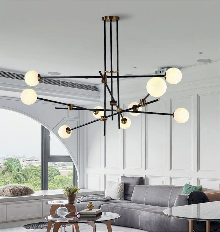Lamp. Colg 9L G9 Bolas Negro+Dorado Vidrio 100X80Cm