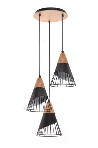 [020008 | 80834BK+LCA/3P BK] Lamp. Colg. 3L E27 Base Red. Madera /Negro (D380)Mm