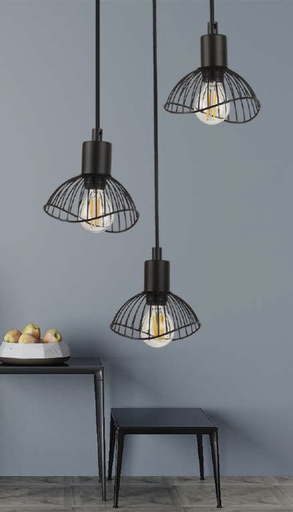 [020030 | RH1803006-03] Lamp. Colg. 3L E14 T/Canasta Metal Negro (D130Mm)