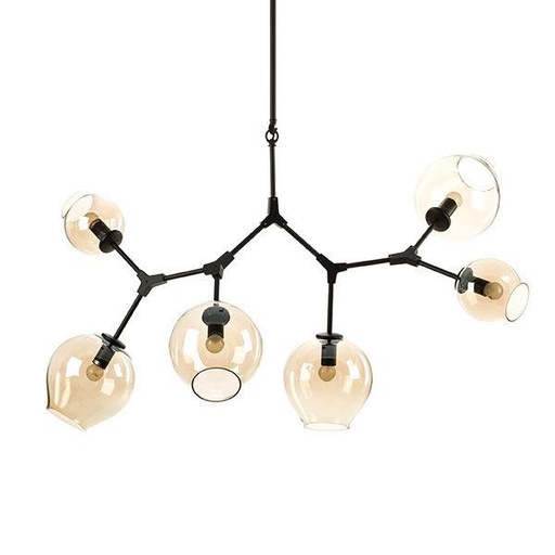 [180060 | J5040-6-BK] Lamp. Colg. 6L E27 Metal Negro+Vidrio Ambar (Mm)