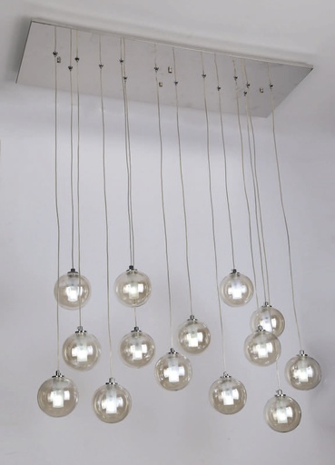 [180150 | 9009-14L Rectangulo] Lamp. Colg. Bola Vidrio Ambar Base Rect. 85X30Cm 14G4