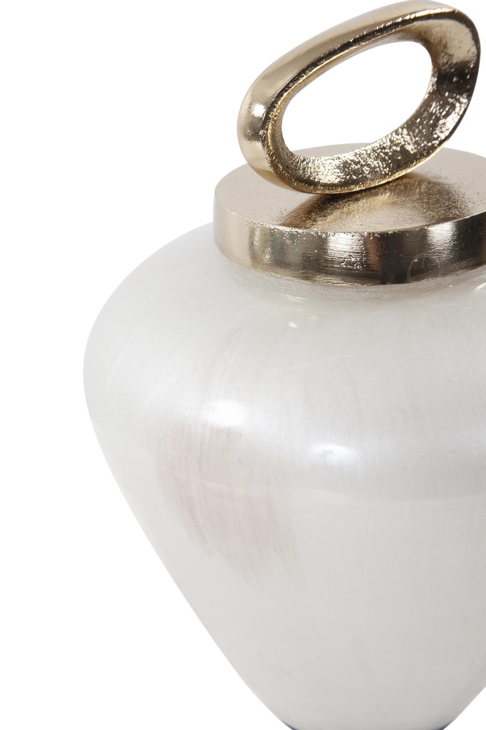 TIBOR DE VIDRIO CON TAPA DE DE METAL BLANCO / DORADO