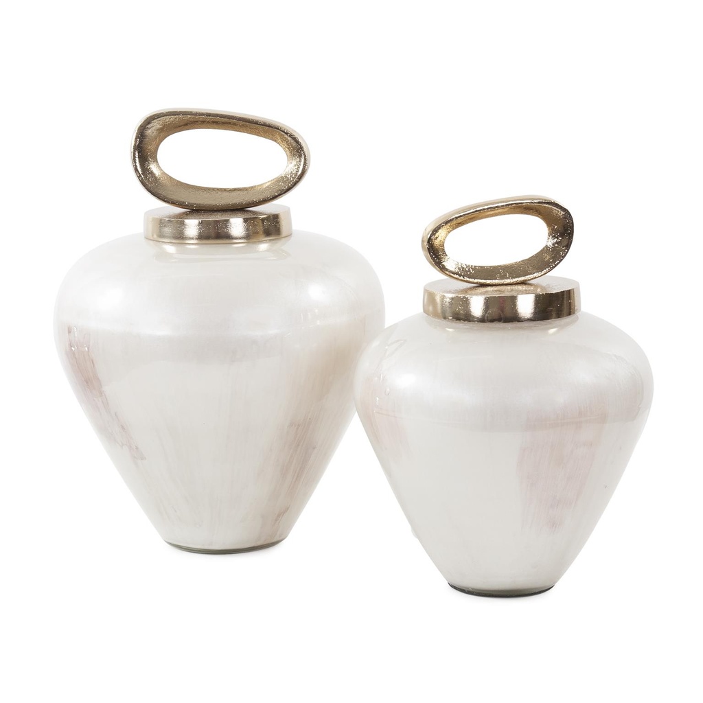 TIBOR DE VIDRIO CON TAPA DE DE METAL BLANCO / DORADO