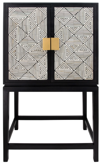 Consola Tipo Bar Alto Negro Con Puertas Grises Y Asas Doradas