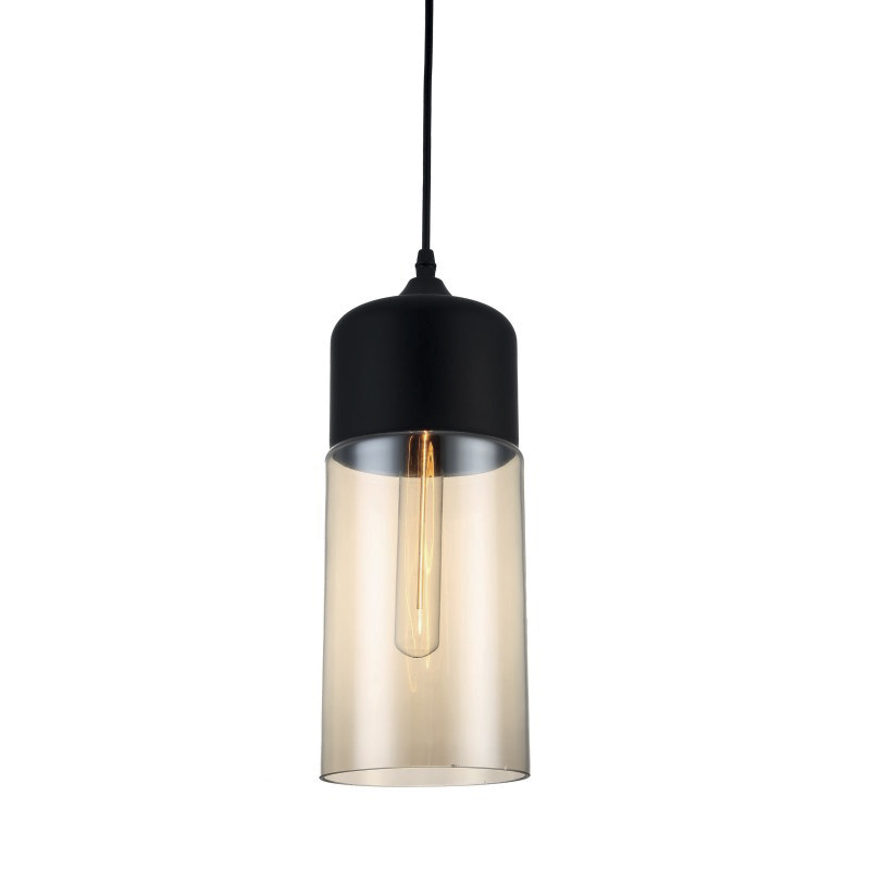 Lamp. Colg. 1L E27 Alargada Metal+Vidrio Negro+Cognac D130mm