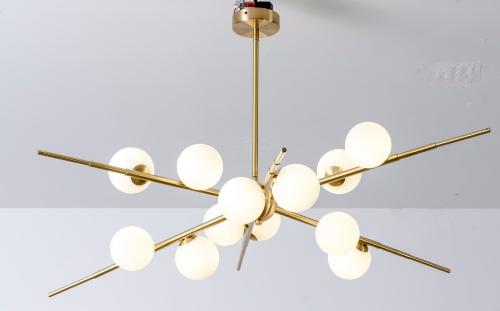 Lamp. Colg. 12L G4 Dorado Metal+Vidrios Opal (980x420)Mm