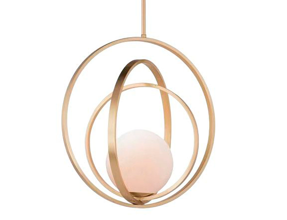 Lamp. Colg. 1L G9 Esfera+Anillos Dorado Metal+Opal Glass 18+32+38Cm