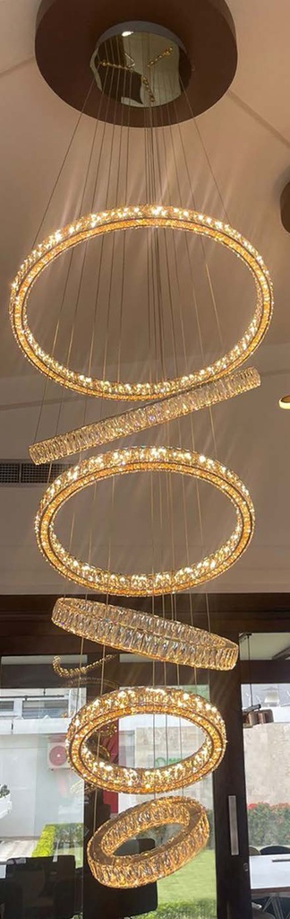 Lamp. Colg. Led 6L Anillos Alum. Dorado+Cristal 3K (300+400+500+600+700+800)mm