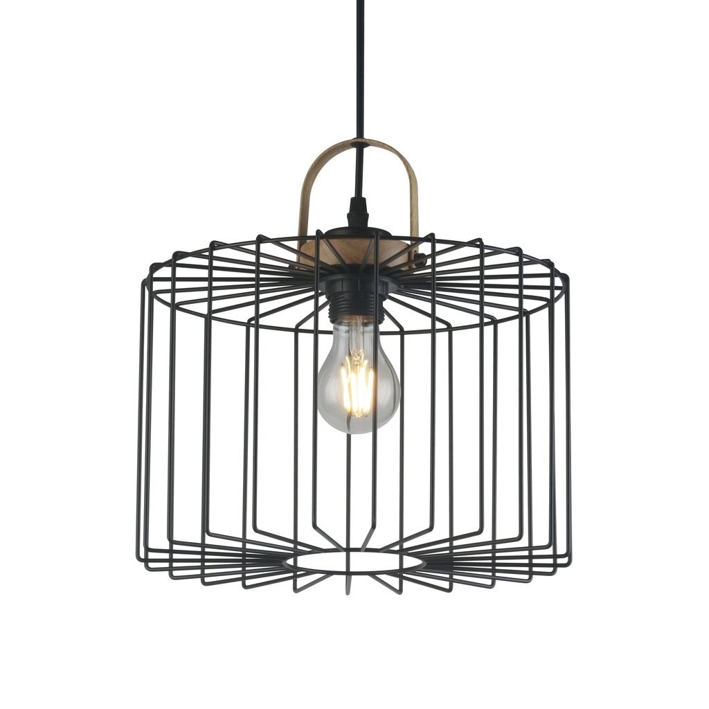 Lamp. Colg. 1L E27 T/Jaula Metal Negro+Madera (300X300Mm)