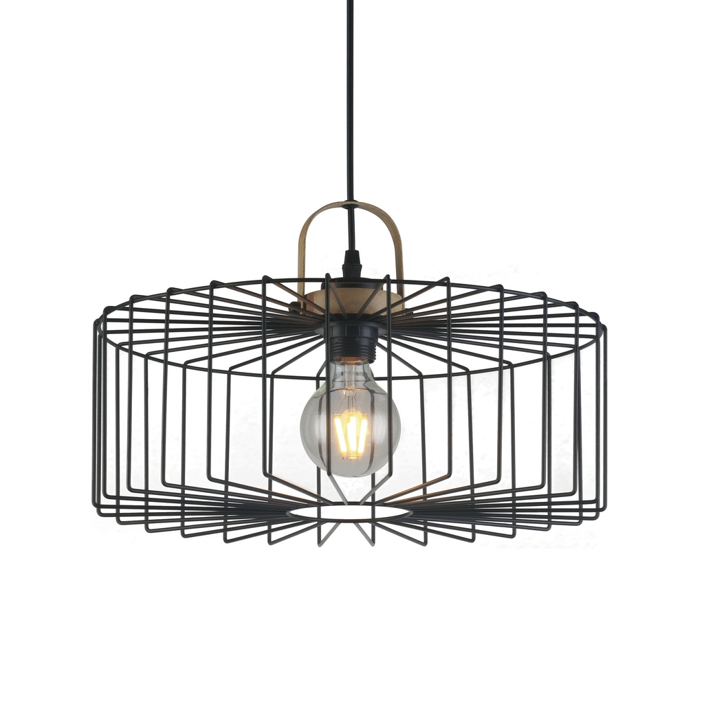 Lamp. Colg. 1L E27 T/Jaula Metal Negro+Madera (400X250Mm)