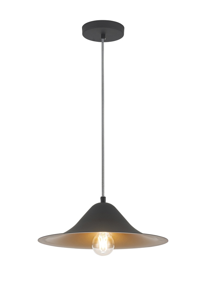 Lamp. Colg. 1L E27 Aluminio Negro+Dorado T/Plato (D350X200Mm)