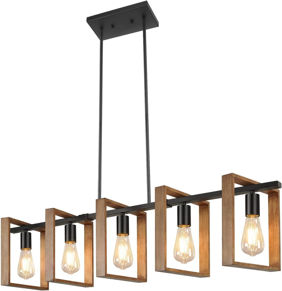Lamp. Colg. 5L E27 T/Alargada Alum. Negro+Madera (L920xH260)mm