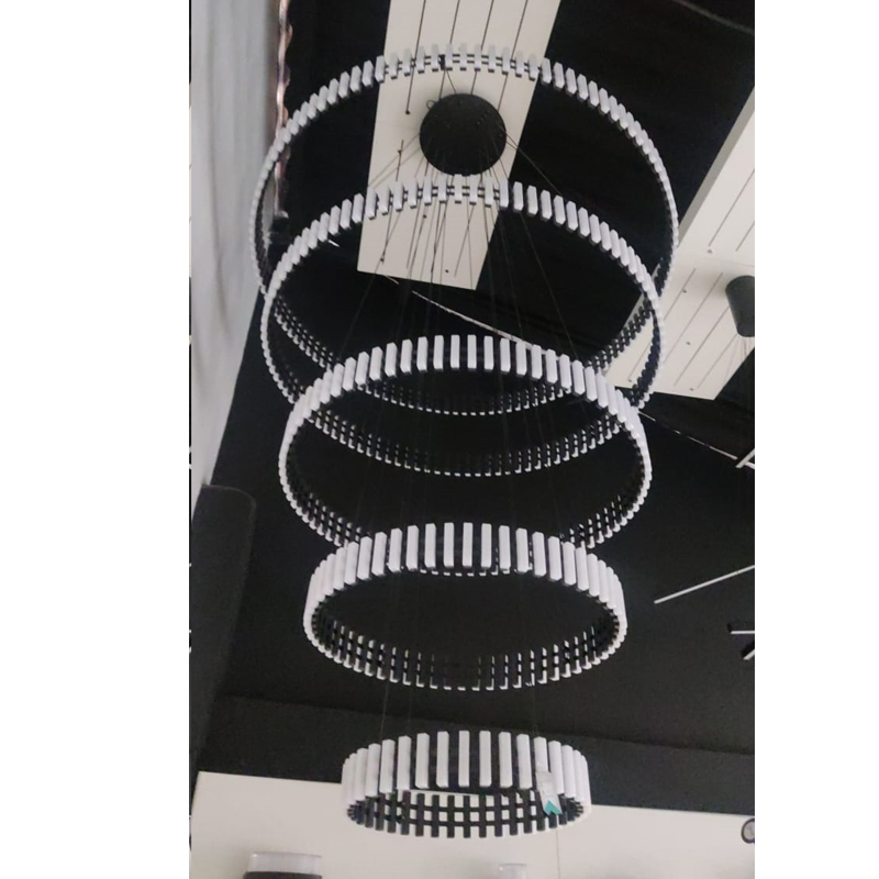 Lamp. Colg. 5L Aros+barras Led Alum.+Acril. Negro 240w 3K (D1200+D1000+D800+D600+D400)mm