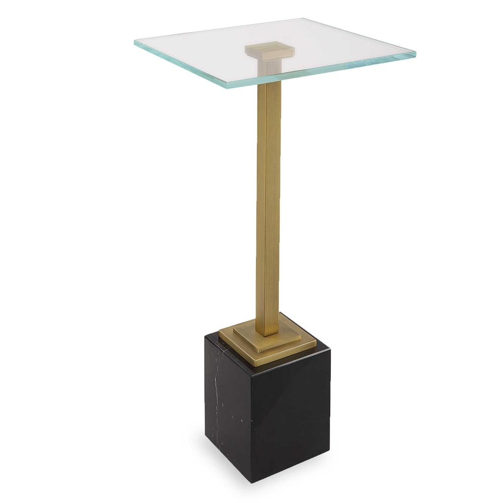 MESA ESQUINERA DE METAL DORADA CON TOP DE VIDRIO