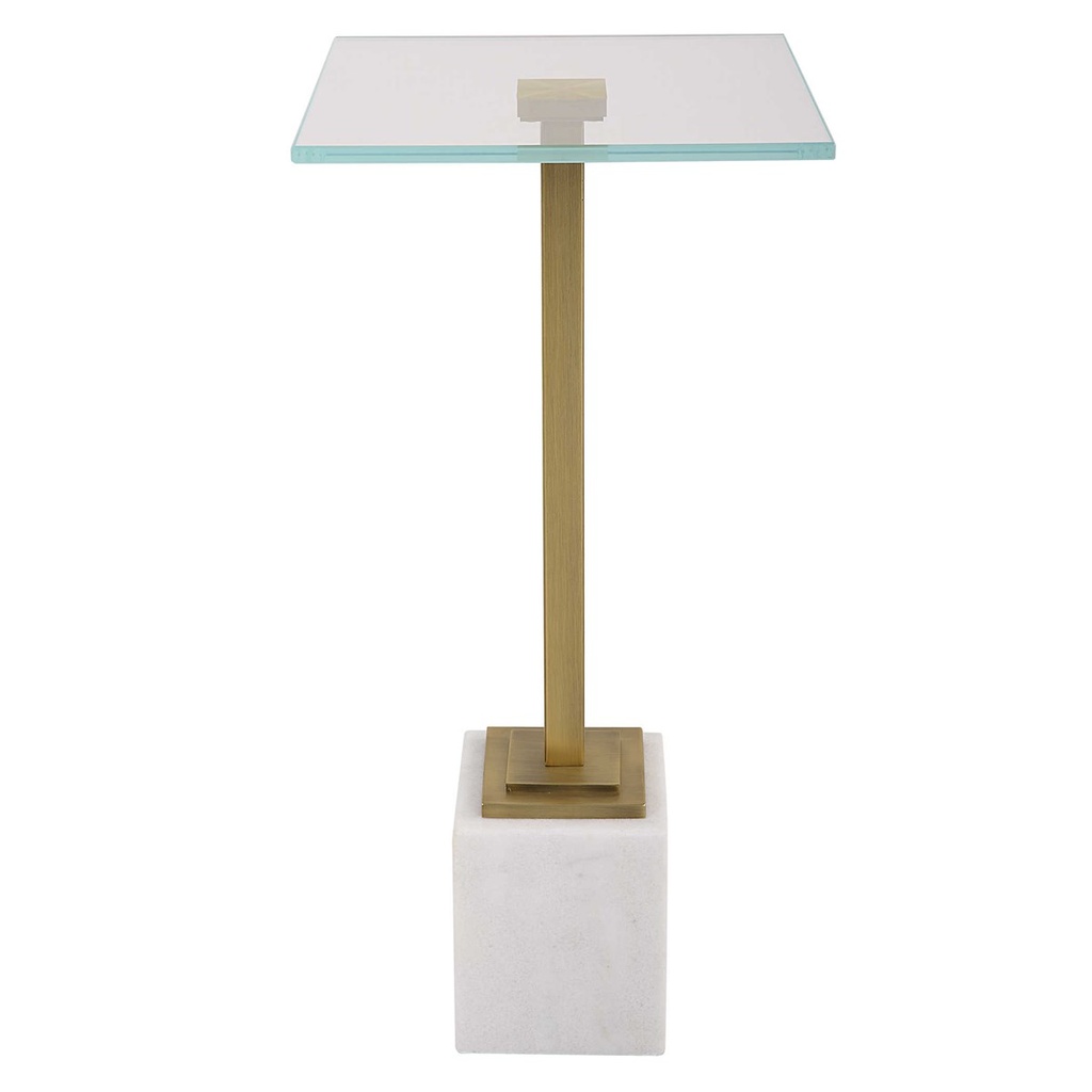 MESA ESQUINERA DE METAL DORADA BASE BLANCA Y TOP DE VIDRIO