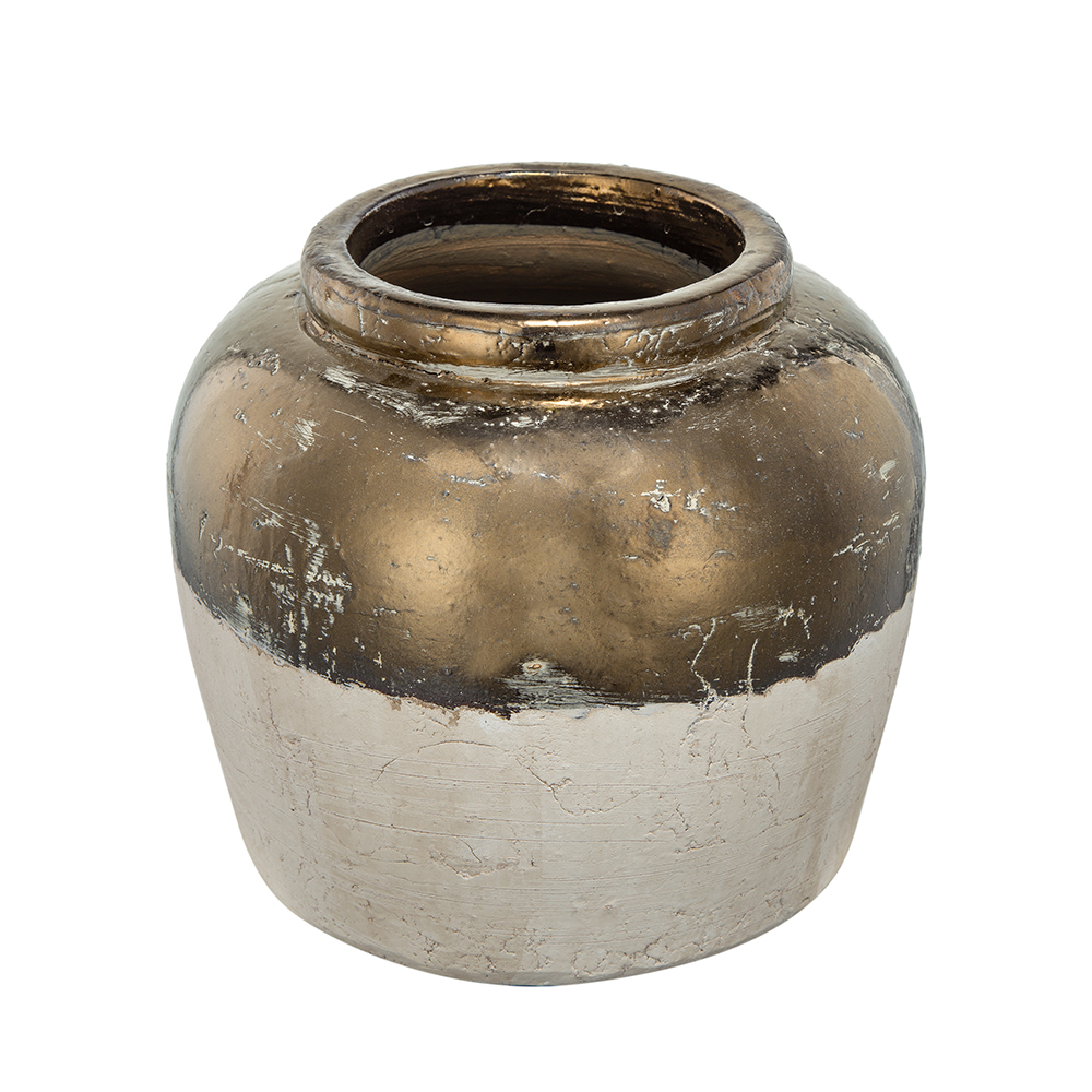FLORERO DE CERAMICA GRANDE ORO Y BEIGE