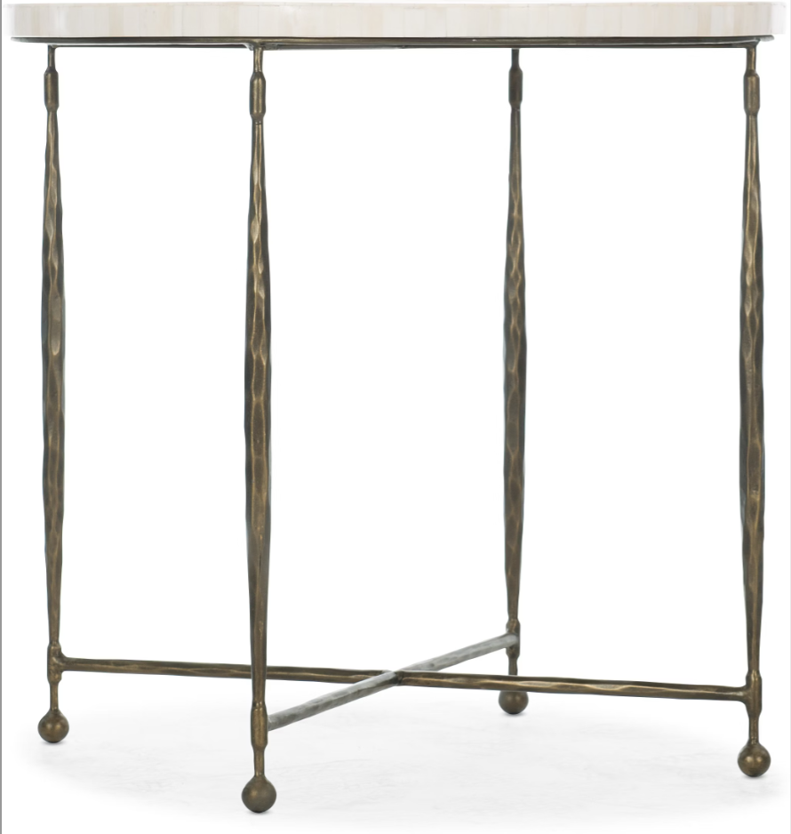 Mesa esquinera de madera redonda c/incrustaciones t/marfil