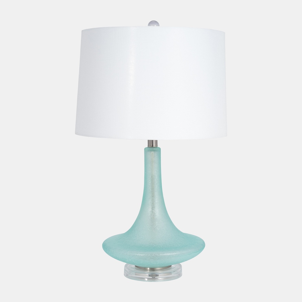 LAMP. MESA DE VIDRIO AQUA Y PANTALLA BLANCA