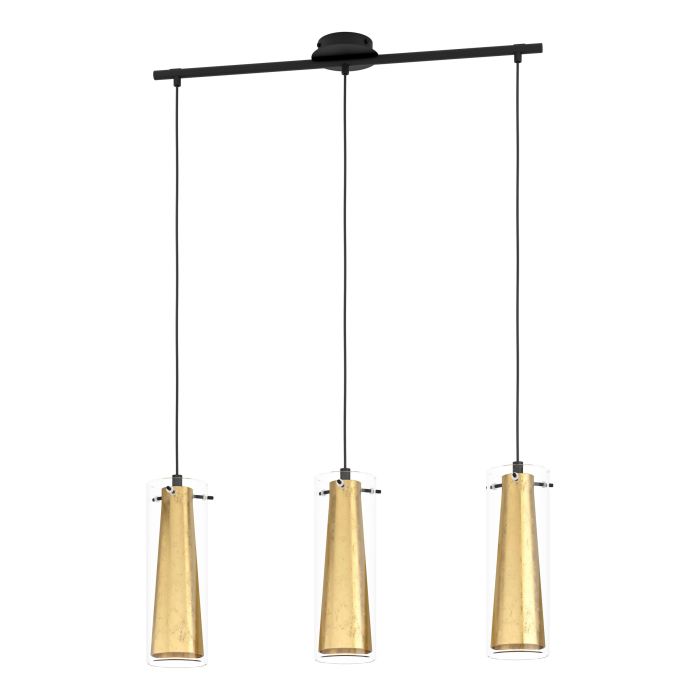 LAMP. COLG. 3L E27 PINTO PANTALLA DORADA + VIDRIO CLARO (1100X725MM)