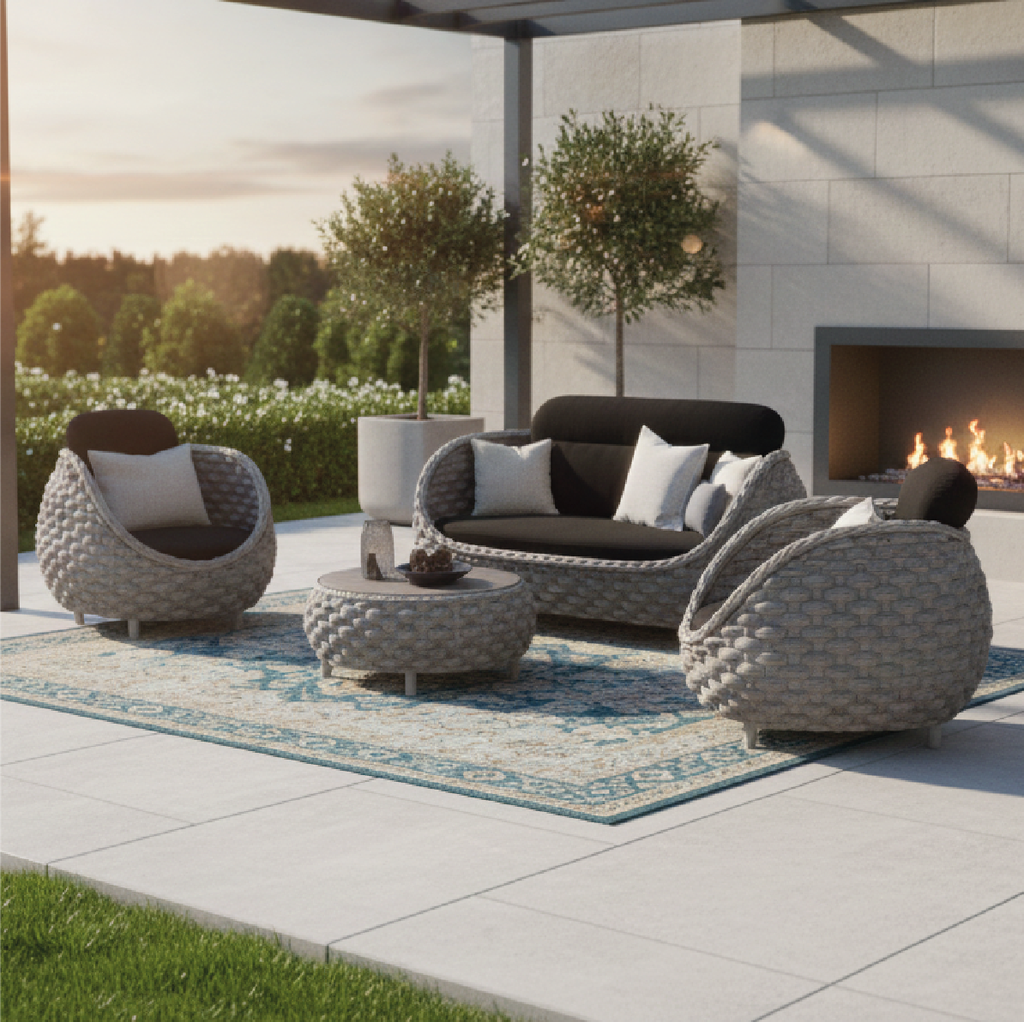 Juego Sofa Ext. Cuerda Tejida Gris 1+1+2 (1s=80x80x70cm 2s=150x80x70cm)+Mesa D60cm