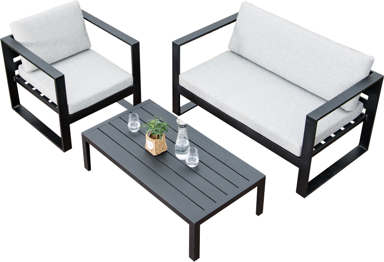 Juego Sofa Ext. Aluminio Negro 1+1+2 (1S=70x70x73cm 2S=120x60cm) +Mesa 40x70cm