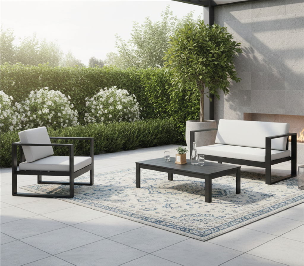 Juego Sofa Ext. Aluminio Negro 1+1+2 (1S=70x70x73cm 2S=120x60cm) +Mesa 40x70cm