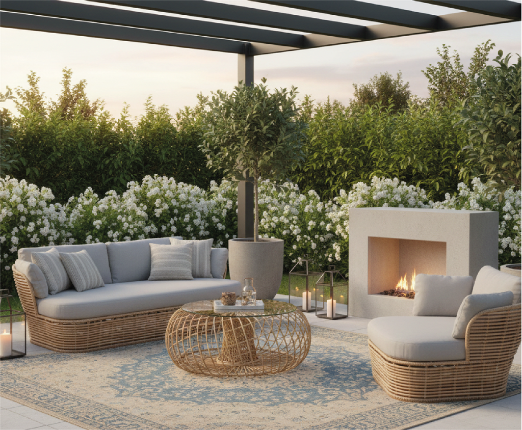 Juego Sofa Ext. Beige 1+1+3 (1S=80x72x70cm 3S=200x72x70cm)+Mesa D100cm