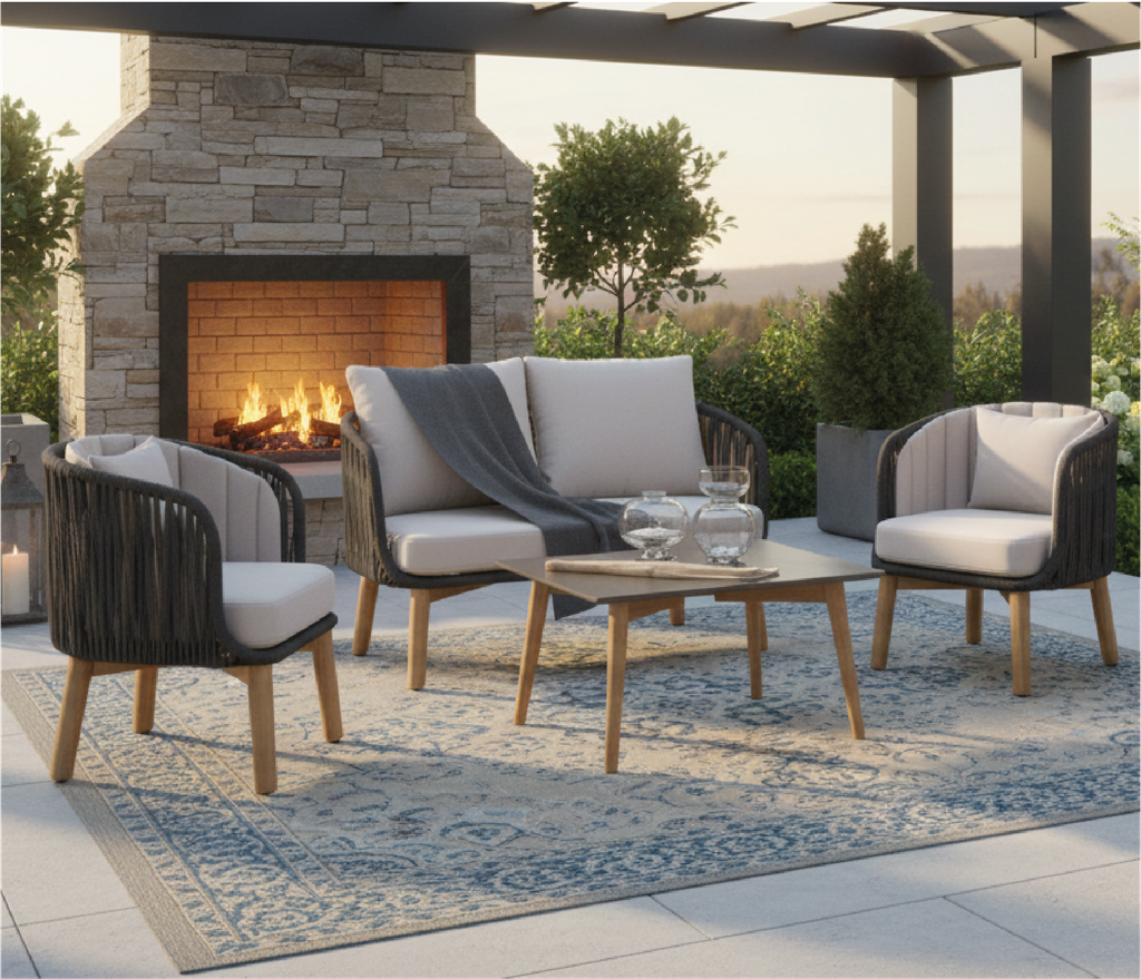 Juego Sofa Ext. Fibra Tejida+Patas Madera Clara 1+1+2 (1S=85x80x80cm 2S=150x80x80cm)+Mesa 120x60x45cm