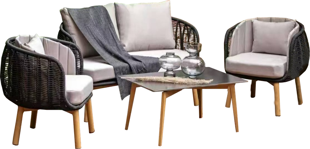 Juego Sofa Ext. Fibra Tejida+Patas Madera Clara 1+1+2 (1S=85x80x80cm 2S=150x80x80cm)+Mesa 120x60x45cm