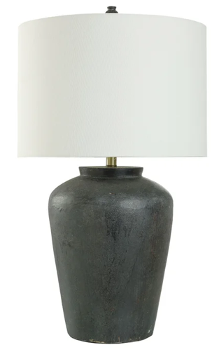 Lamp. Mesa Base De Cemento Negra Y Pantalla Beige 
