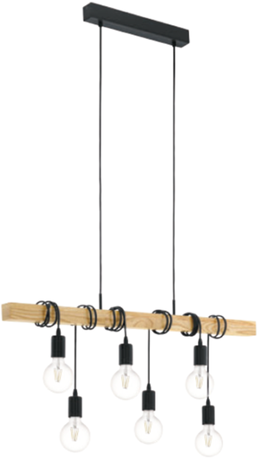 [020145 | EC1912/6] Lamp. Colg. 6L E27 Metal Negro+Madera Natural (1000x100)mm