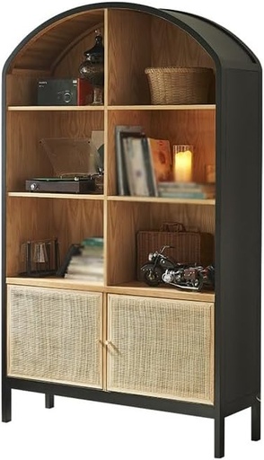 [160040 | R-159] Aparador Curvo De Madera Obscura Con Rattan En Las Puertas /Grande