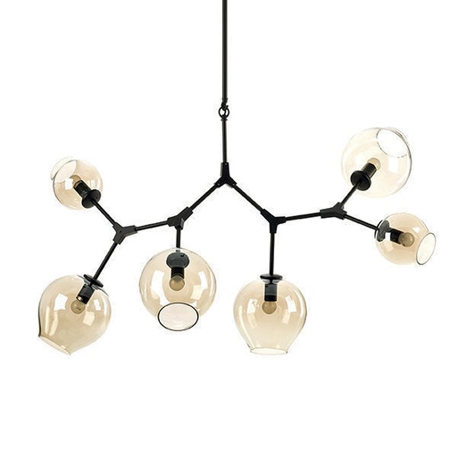 [180061 | J5040-8-BK] Lamp. Colg. 8L E27 Metal+Vidrio Negro+Ambar (mm)