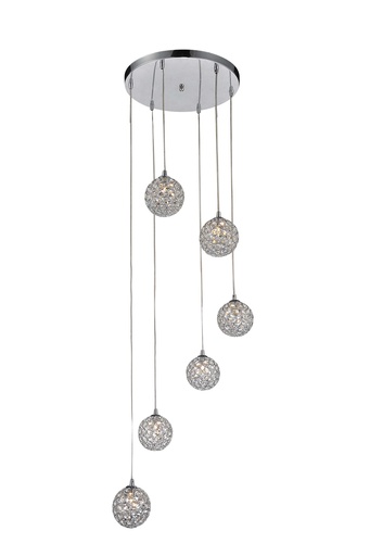 [191032 | NIC-3047P-6] Lamp. Colg. 6L G9 Bolas Sn/Cristal 47X140Cm