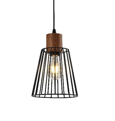 [200004 | F90963M] Lamp. Colg. 1L E27 T/Jaula Metal Madera+Metal Negro (D200xH270)mm