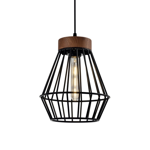 [200006 | F90965] Lamp. Colg. 1L E27 T/Jaula Metal Madera+Metal Negro (D250xH290)mm
