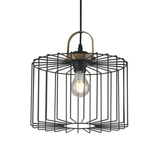 [200007 | KZYDLT90705L] Lamp. Colg. 1L E27 T/Jaula Metal Negro+Madera (300X300Mm)