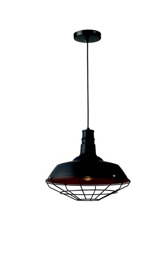 [200163 | T7166 BK] Lamp. Colg. 1L E27 Metal Negro+Reja (360X300Mm)