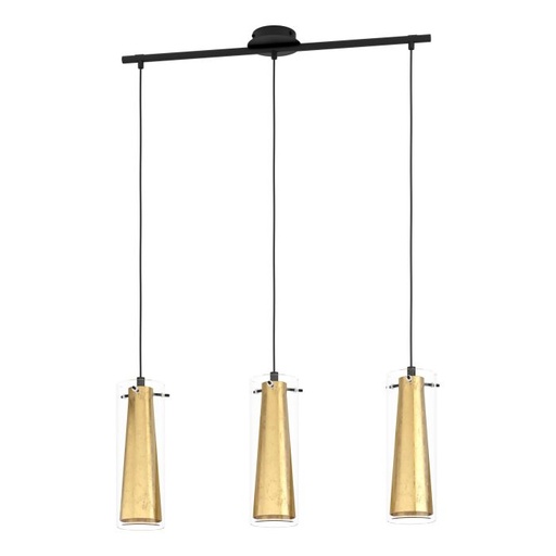 [195051 | 97652] LAMP. COLG. 3L E27 PINTO PANTALLA DORADA + VIDRIO CLARO (1100X725MM)