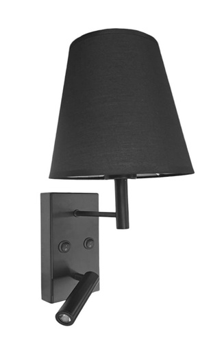 [180244 | 711077] Lamp. Pared. 1L E27+Luz Lect. Led 3w Metal Negro+P. Tela Negra(220x420)mm