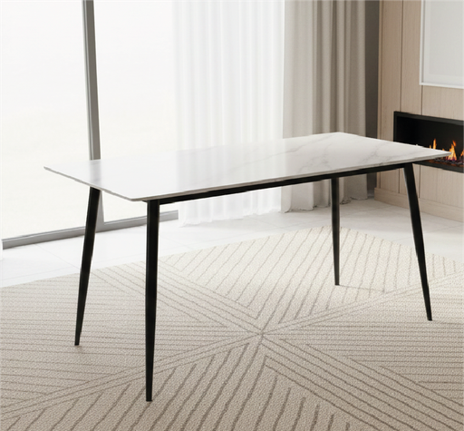 [162325 | D004 T1] Mesa Comedor Ceramica Blanco Brillante+Patas Metal Negro (140x80x75)cm