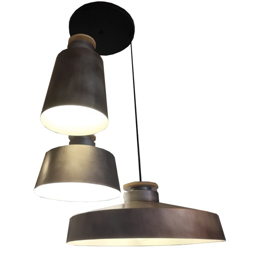 [200296 | T7567-3 RUSTICO] Lamp. Colg. 3L E27 T/Camp. Base Red. Alum. Rustico+Blanco (D190xH400+D240xH300+D400xH150)mm