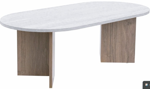 [162319 | D012#] Mesa Ovalada Tablero de Piedra Blanco+Base Madera 180x90x75cm