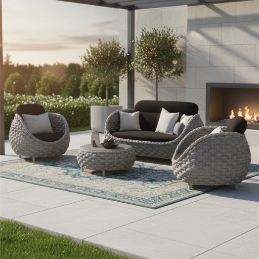 [160125 | HY005#] Juego Sofa Ext. Cuerda Tejida Gris 1+1+2 (1s=80x80x70cm 2s=150x80x70cm)+Mesa D60cm