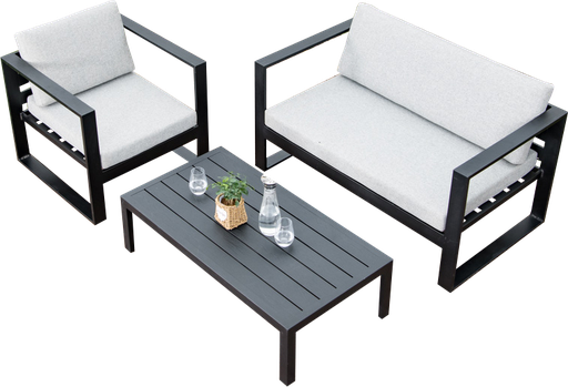 [160126 | HY006#] Juego Sofa Ext. Aluminio Negro 1+1+2 (1S=70x70x73cm 2S=120x60cm) +Mesa 40x70cm