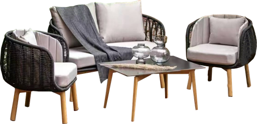 [160139 | NJ102#] Juego Sofa Ext. Fibra Tejida+Patas Madera Clara 1+1+2 (1S=85x80x80cm 2S=150x80x80cm)+Mesa 120x60x45cm